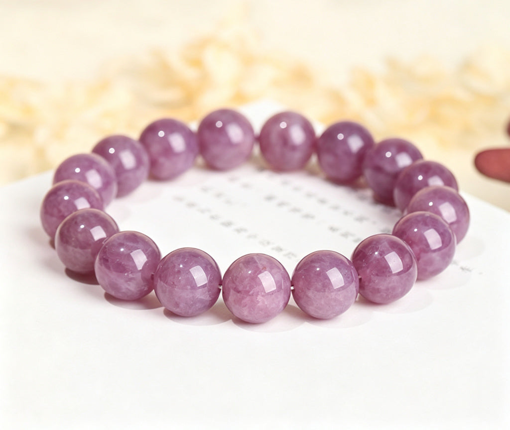 Original purple rose quartz supplier-labelled bracelet image; only empty advertising header or border cropped, beads unaltered; representative view, not a measured photograph of every bead-size option.