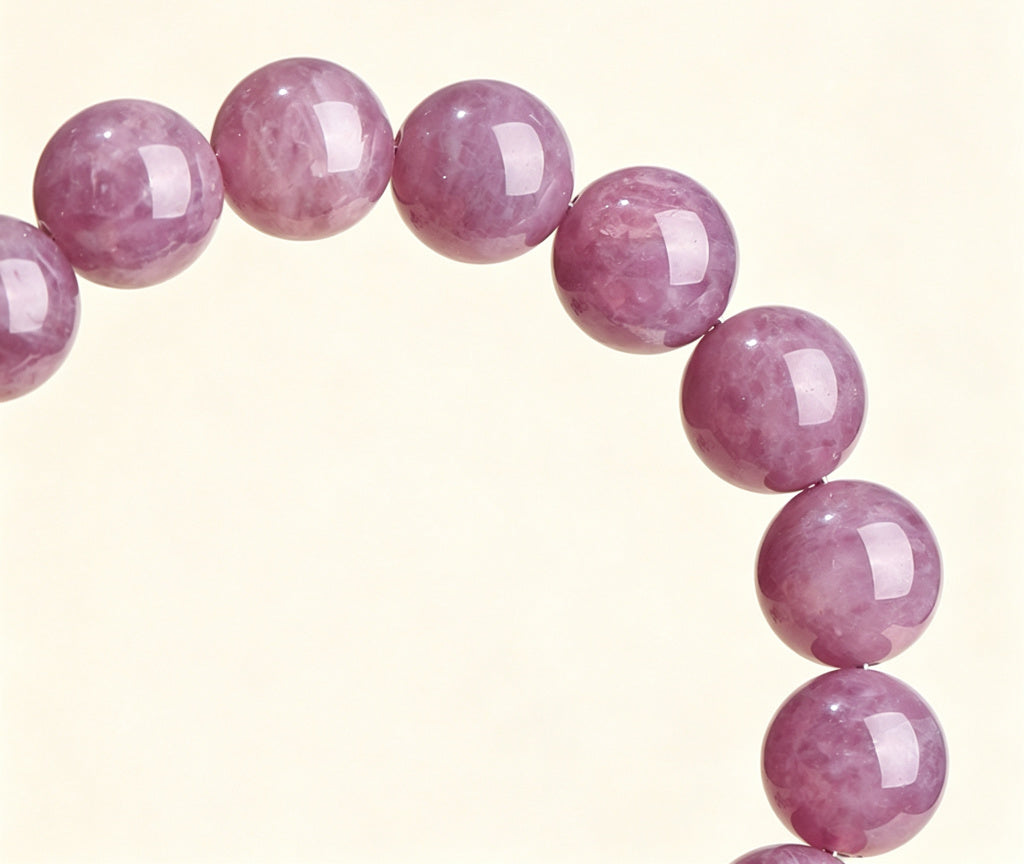 Original purple rose quartz supplier-labelled bracelet image; only empty advertising header or border cropped, beads unaltered; representative view, not a measured photograph of every bead-size option.