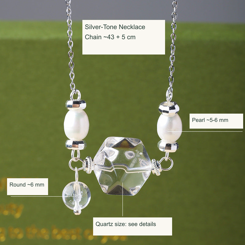 Faceted clear quartz and pearl necklace English labels