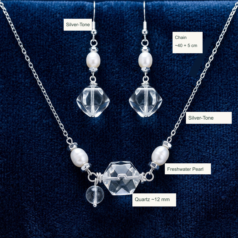 Faceted clear quartz and pearl two-piece set English labels