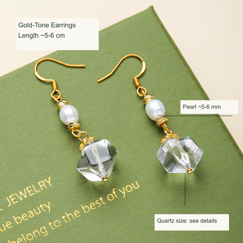 Faceted clear quartz and pearl earrings English labels