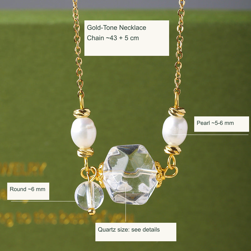 Faceted clear quartz and pearl necklace English labels