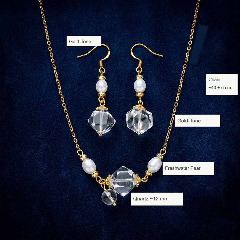 Faceted clear quartz and pearl two-piece set English labels