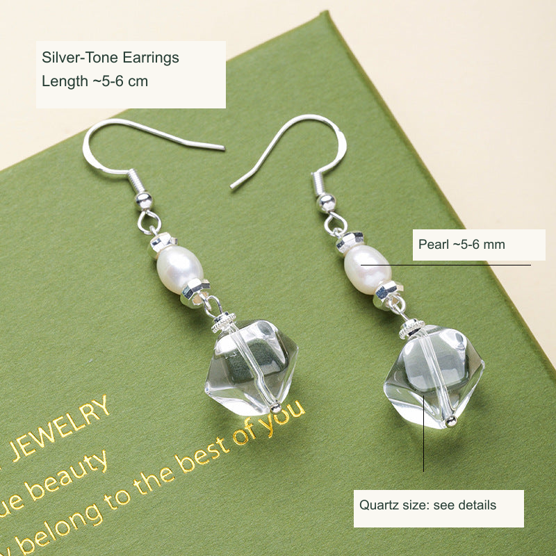 Faceted clear quartz and pearl earrings English labels