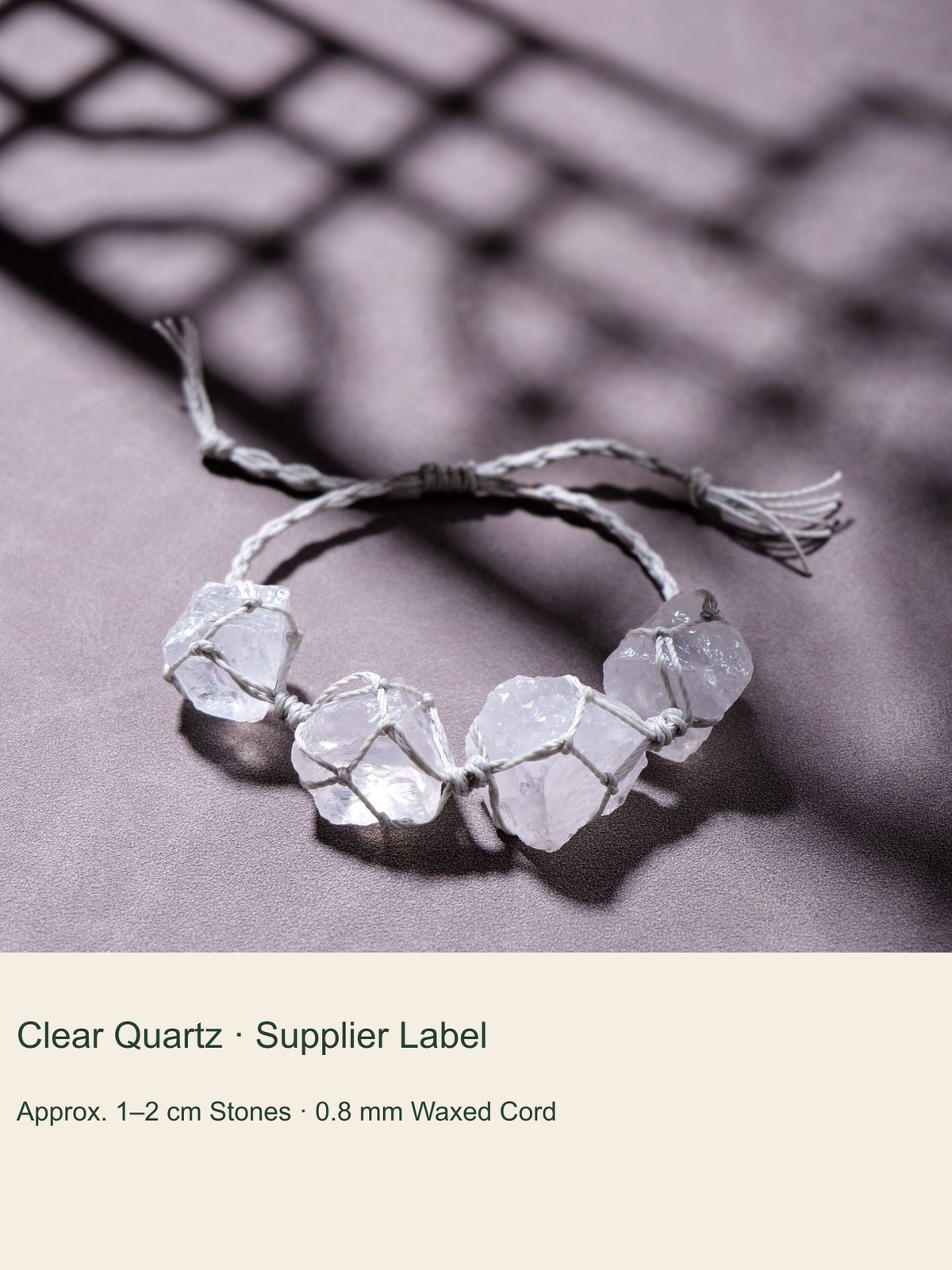Original rough stone woven cord bracelet with English material and size labels