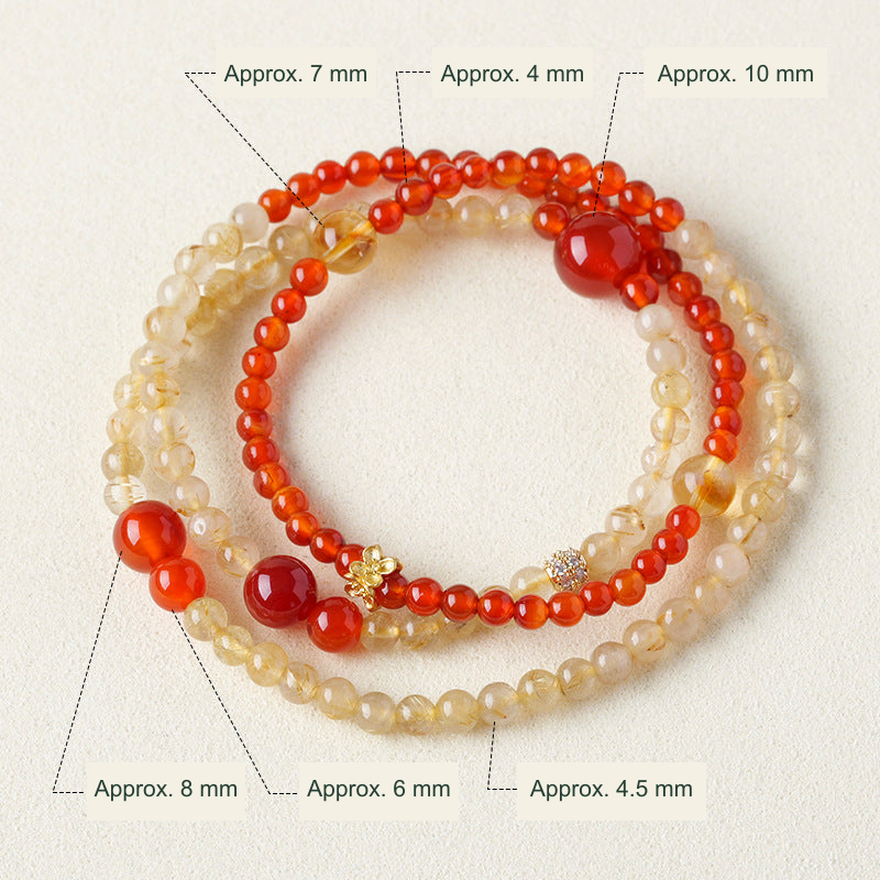 Red agate and golden crystal supplier-described wrap bracelet with bead-size annotations