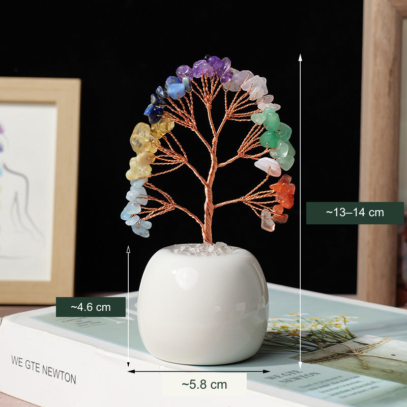 Original rounded ceramic pot tree size reference: existing approximate 13–14 cm overall height, 4.6 cm pot height and 5.8 cm pot width labels translated; every chip, branch and pot unchanged.