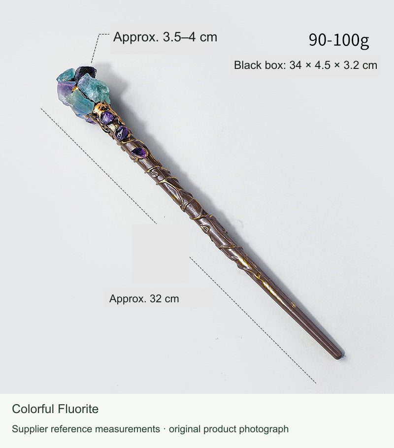 Colorful Fluorite decorative wand, original photo with English reference dimensions