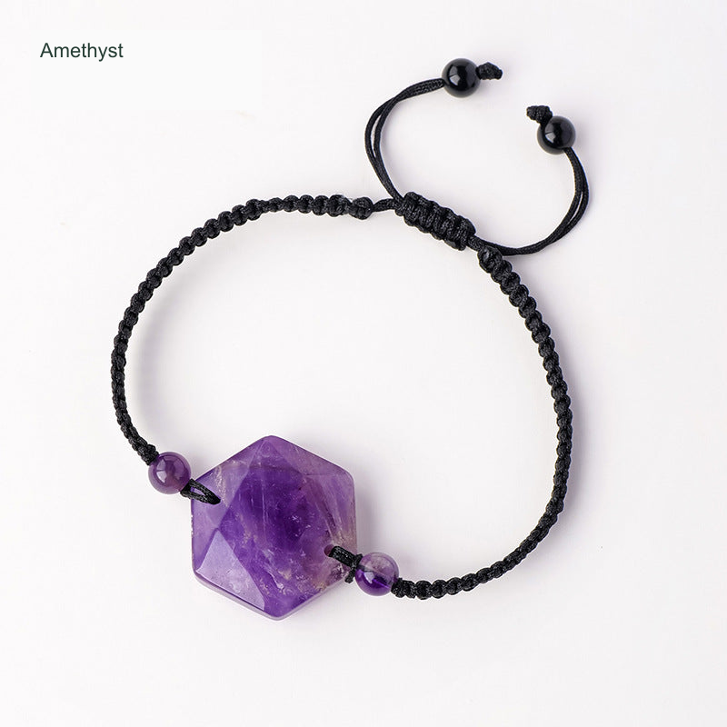 Original faceted geometric stone cord bracelet with English supplier material label; physical bead and cord unchanged