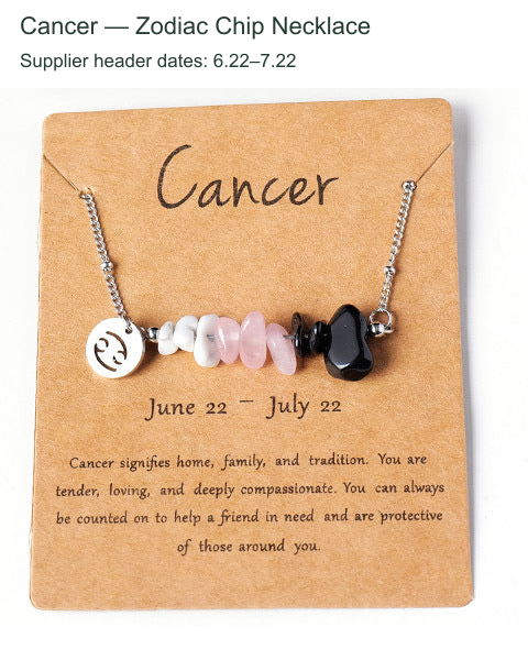 Original zodiac chip necklace and printed English card; supplier outer caption and header dates translated to English.