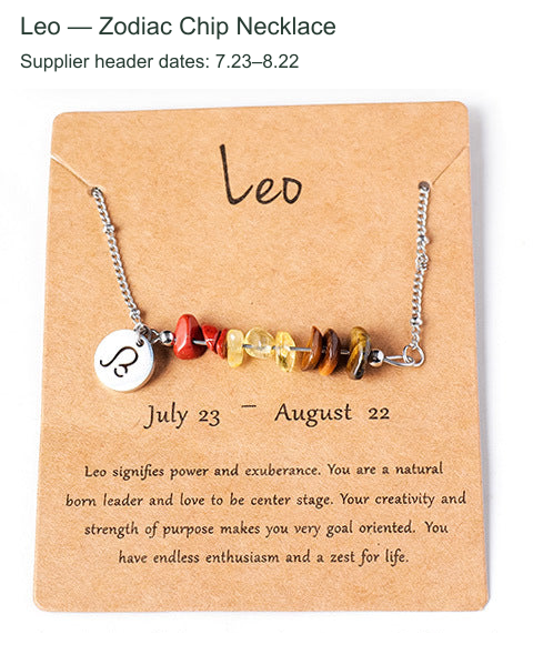Original zodiac chip necklace and printed English card; supplier outer caption and header dates translated to English.