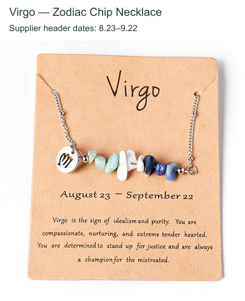 Original zodiac chip necklace and printed English card; supplier outer caption and header dates translated to English.