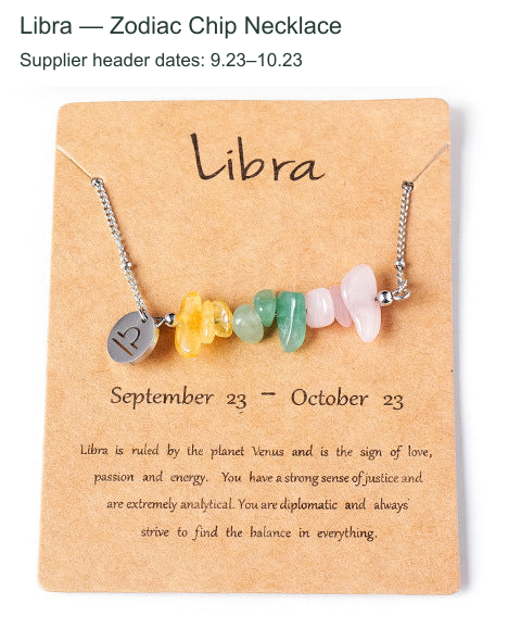 Original zodiac chip necklace and printed English card; supplier outer caption and header dates translated to English.
