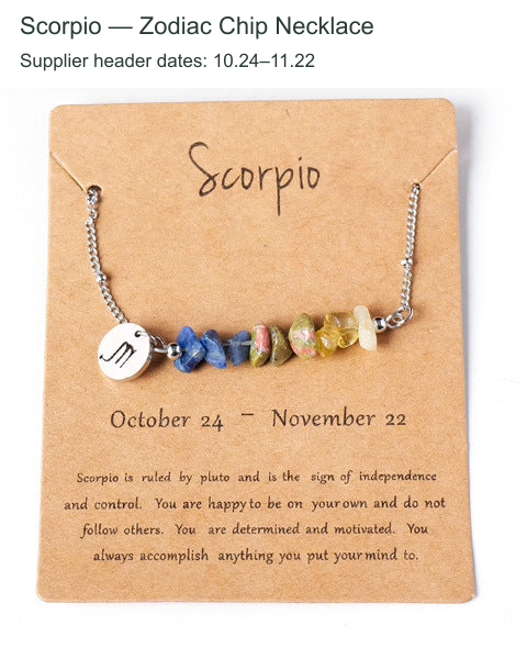 Original zodiac chip necklace and printed English card; supplier outer caption and header dates translated to English.