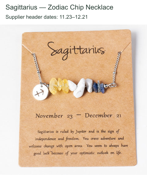 Original zodiac chip necklace and printed English card; supplier outer caption and header dates translated to English.