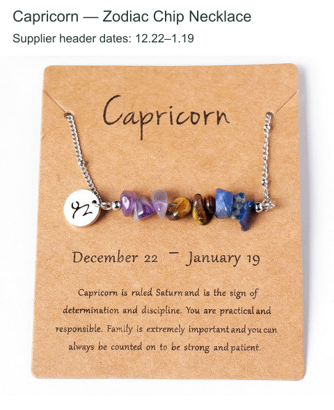 Original zodiac chip necklace and printed English card; supplier outer caption and header dates translated to English.
