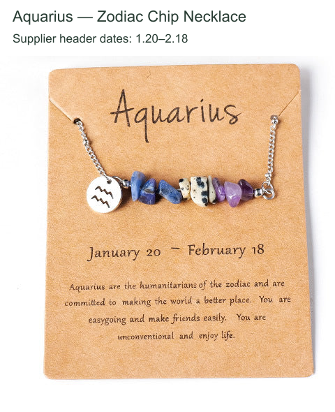 Original zodiac chip necklace and printed English card; supplier outer caption and header dates translated to English.