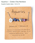 Original zodiac chip necklace and printed English card; supplier outer caption and header dates translated to English.