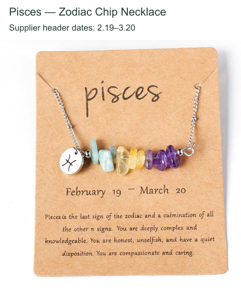 Original zodiac chip necklace and printed English card; supplier outer caption and header dates translated to English.