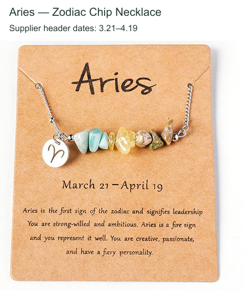 Original zodiac chip necklace and printed English card; supplier outer caption and header dates translated to English.