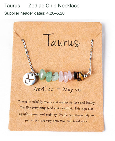 Original zodiac chip necklace and printed English card; supplier outer caption and header dates translated to English.