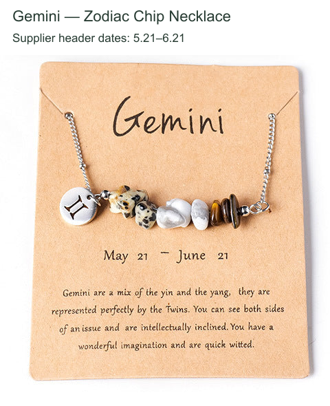 Original zodiac chip necklace and printed English card; supplier outer caption and header dates translated to English.