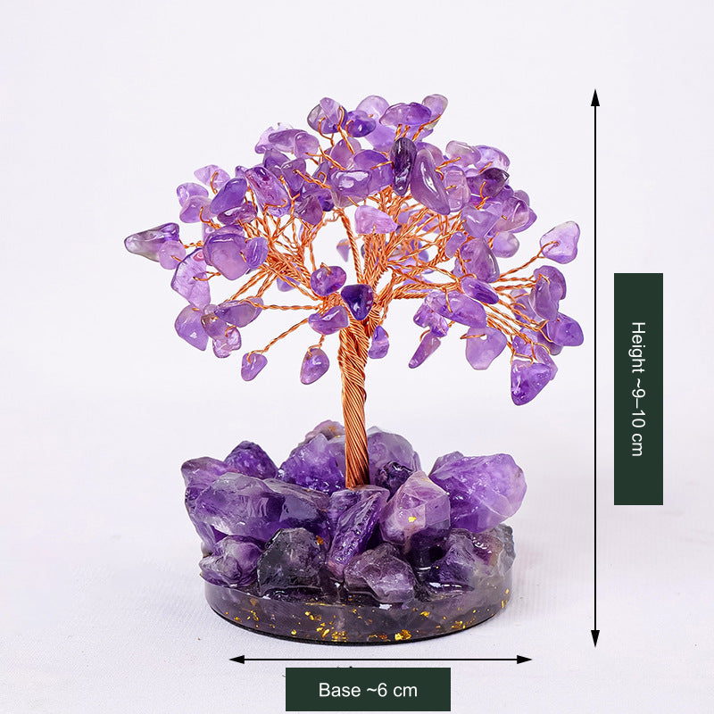 Original selected SKU stone-accent tree photo; approximate height and 6 cm base-width labels translated without changing the photographed stones, colors, trunk or base.