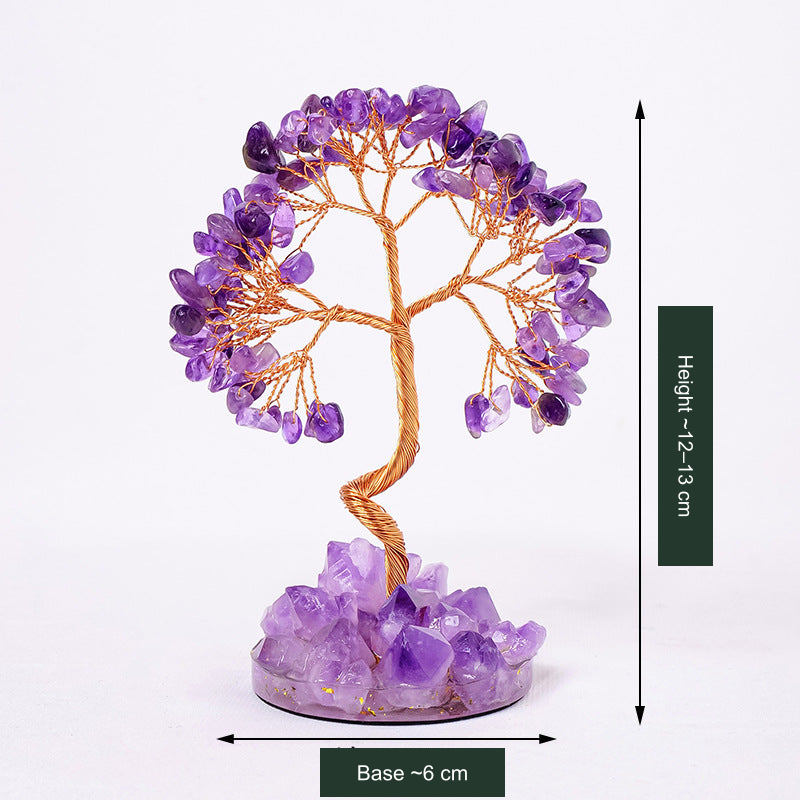 Original selected SKU stone-accent tree photo; approximate height and 6 cm base-width labels translated without changing the photographed stones, colors, trunk or base.
