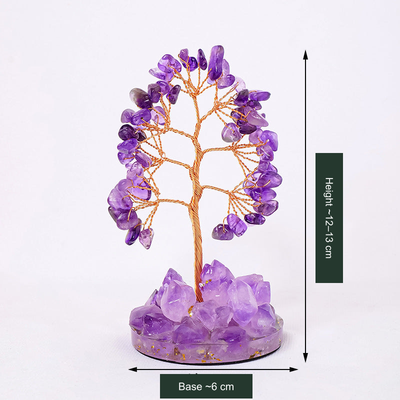 Original selected SKU stone-accent tree photo; approximate height and 6 cm base-width labels translated without changing the photographed stones, colors, trunk or base.