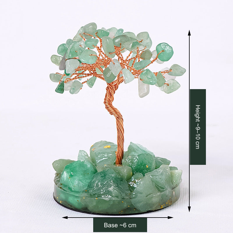 Original selected SKU stone-accent tree photo; approximate height and 6 cm base-width labels translated without changing the photographed stones, colors, trunk or base.