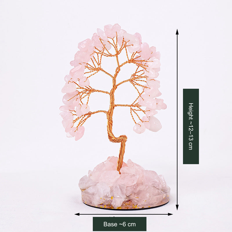 Original selected SKU stone-accent tree photo; approximate height and 6 cm base-width labels translated without changing the photographed stones, colors, trunk or base.