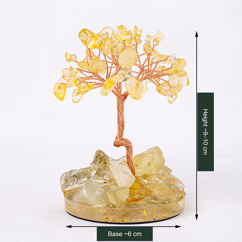 Original selected SKU stone-accent tree photo; approximate height and 6 cm base-width labels translated without changing the photographed stones, colors, trunk or base.