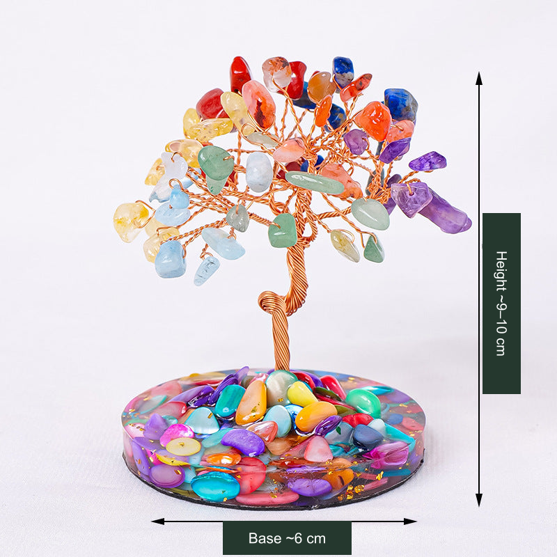 Original selected SKU stone-accent tree photo; approximate height and 6 cm base-width labels translated without changing the photographed stones, colors, trunk or base.