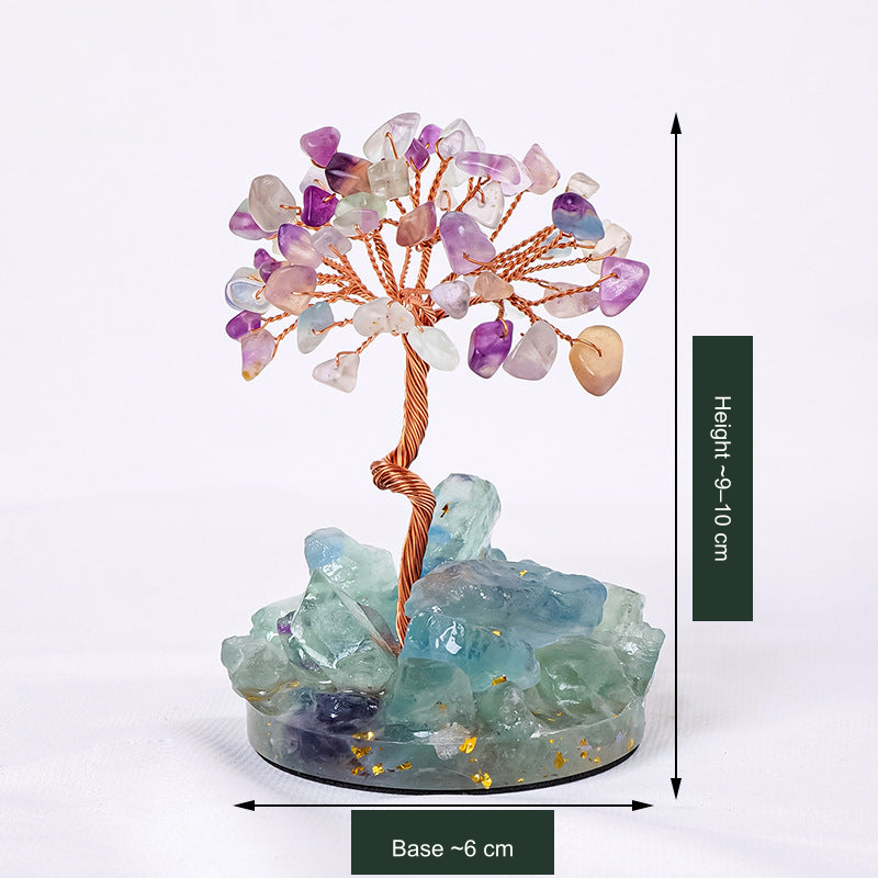 Original selected SKU stone-accent tree photo; approximate height and 6 cm base-width labels translated without changing stones, colors, trunk or base. Caption edges checked clean.