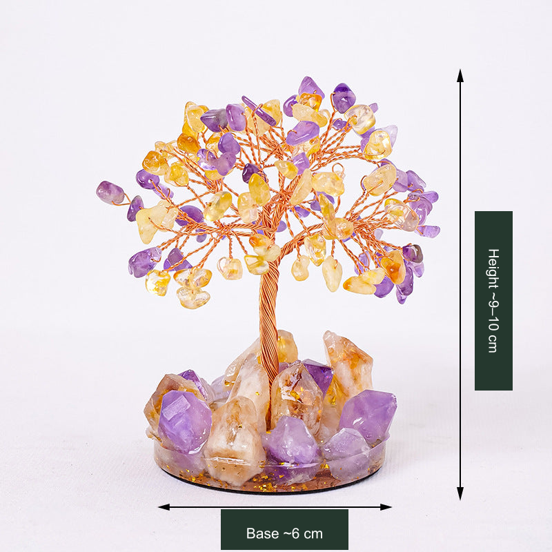 Original selected SKU stone-accent tree photo; approximate height and 6 cm base-width labels translated without changing stones, colors, trunk or base. Caption edges checked clean.