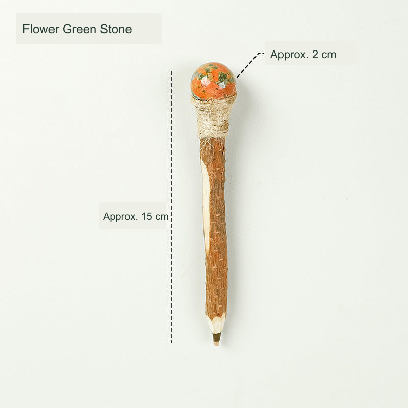 Wooden stone-top pen; original product photograph with English supplier material and approximate size labels.