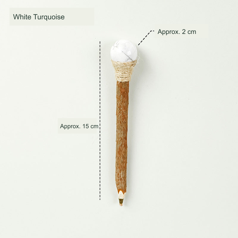 Wooden stone-top pen; original product photograph with English supplier material and approximate size labels.