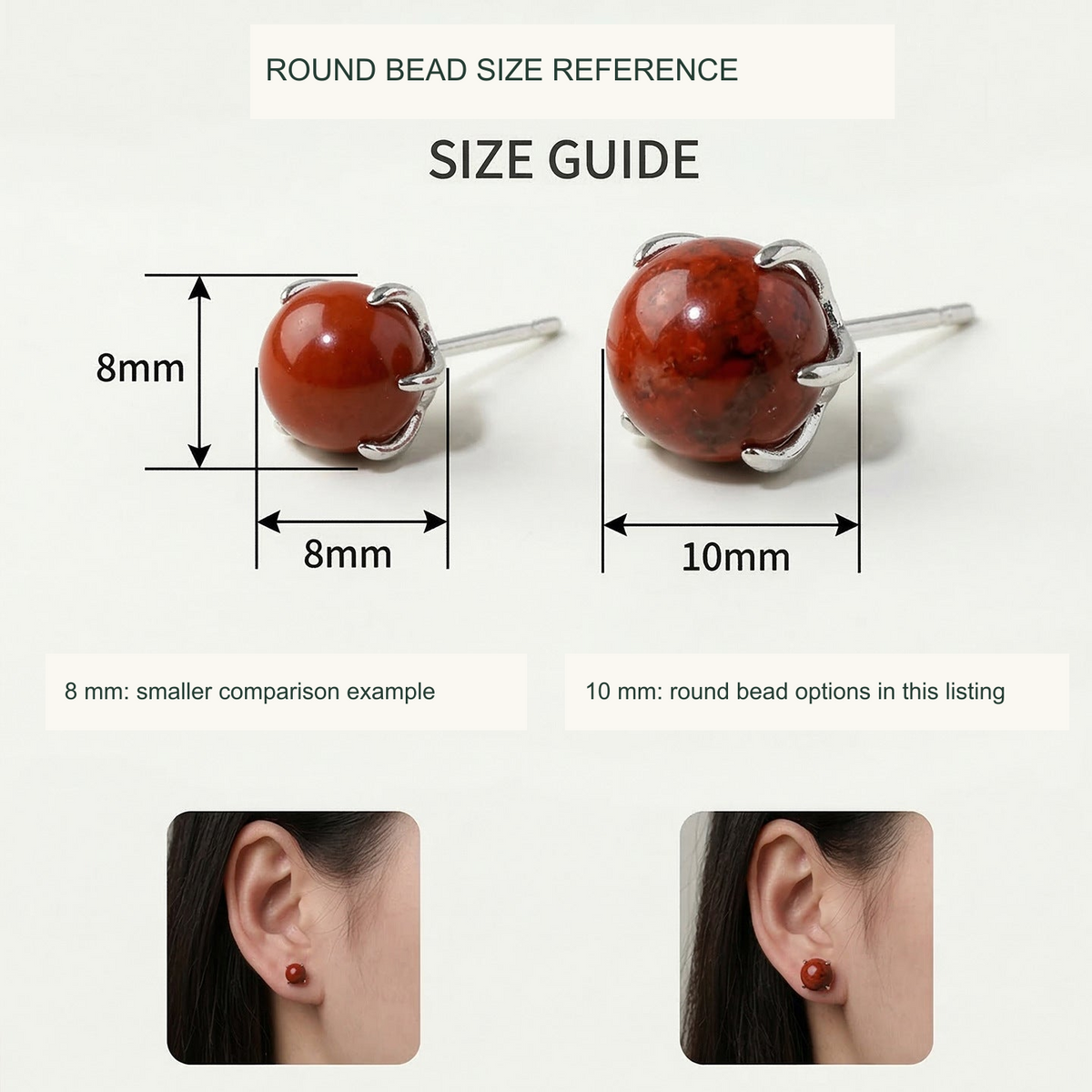 Round bead earrings size reference, eight millimeter comparison and ten millimeter listing options