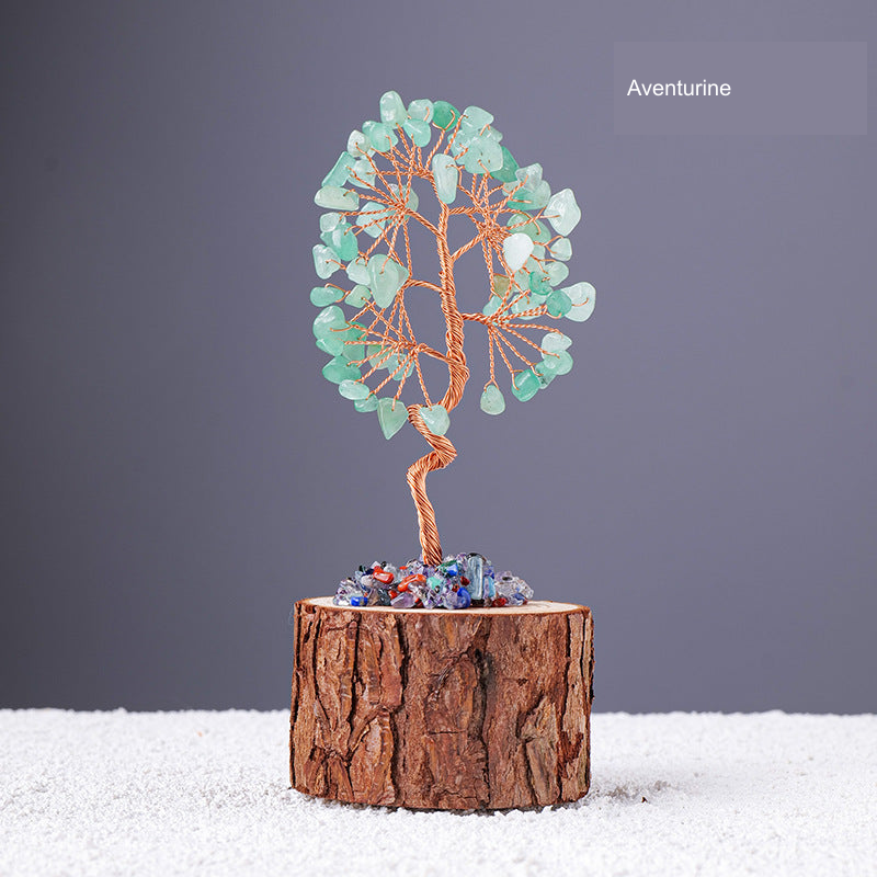 Stone-chip wire tree on bark-textured stump base; original product photograph with English material label.