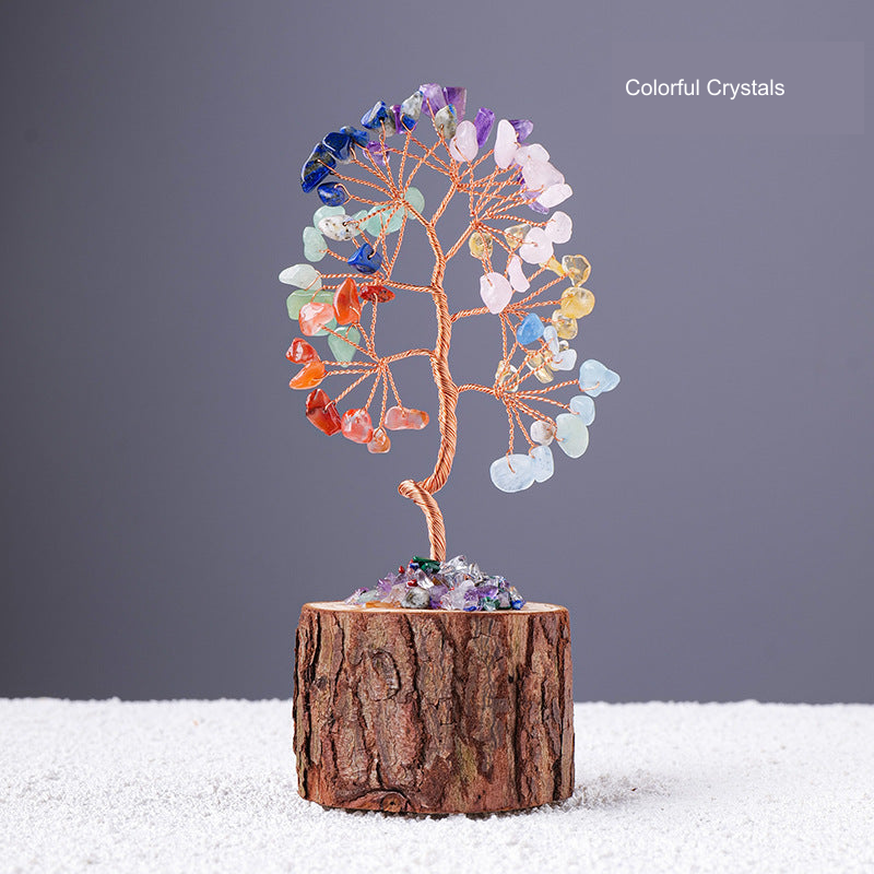 Stone-chip wire tree on bark-textured stump base; original product photograph with English material label.