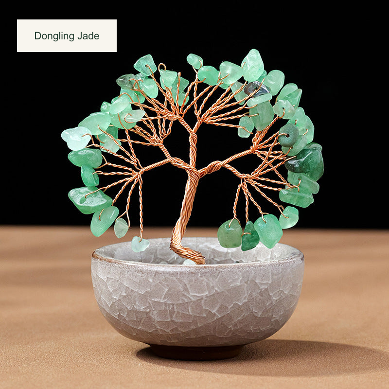 Original teacup or mini glass-bowl tree photograph; Chinese captions translated equivalently into English; real stones, fillers, bowl colors and dimensions retained