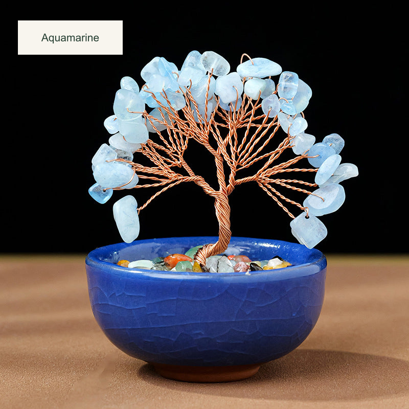 Original teacup or mini glass-bowl tree photograph; Chinese captions translated equivalently into English; real stones, fillers, bowl colors and dimensions retained