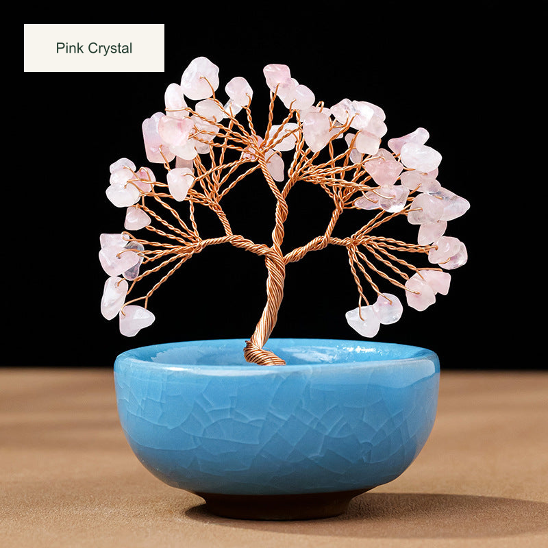 Original teacup or mini glass-bowl tree photograph; Chinese captions translated equivalently into English; real stones, fillers, bowl colors and dimensions retained