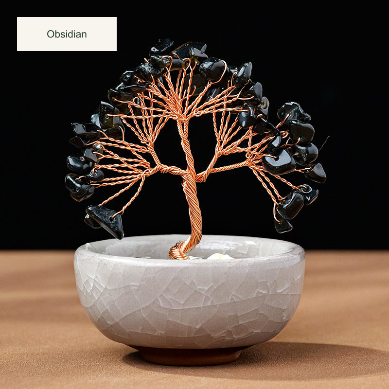 Original teacup or mini glass-bowl tree photograph; Chinese captions translated equivalently into English; real stones, fillers, bowl colors and dimensions retained