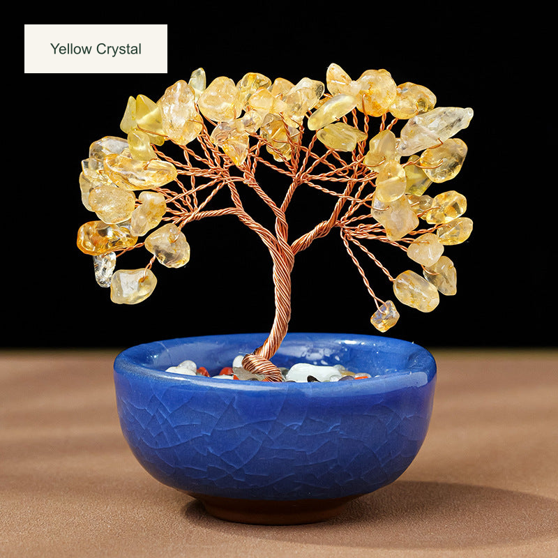 Original teacup or mini glass-bowl tree photograph; Chinese captions translated equivalently into English; real stones, fillers, bowl colors and dimensions retained