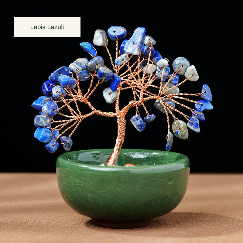 Original teacup or mini glass-bowl tree photograph; Chinese captions translated equivalently into English; real stones, fillers, bowl colors and dimensions retained