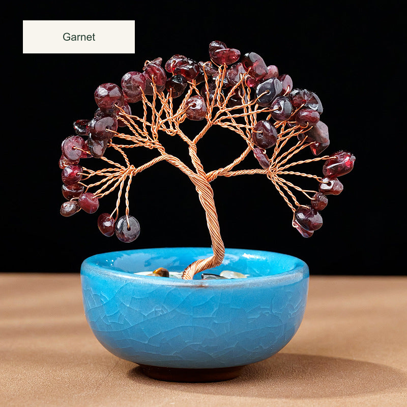 Original teacup or mini glass-bowl tree photograph; Chinese captions translated equivalently into English; real stones, fillers, bowl colors and dimensions retained