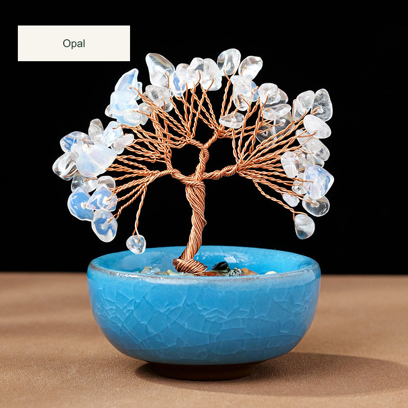 Original teacup or mini glass-bowl tree photograph; Chinese captions translated equivalently into English; real stones, fillers, bowl colors and dimensions retained