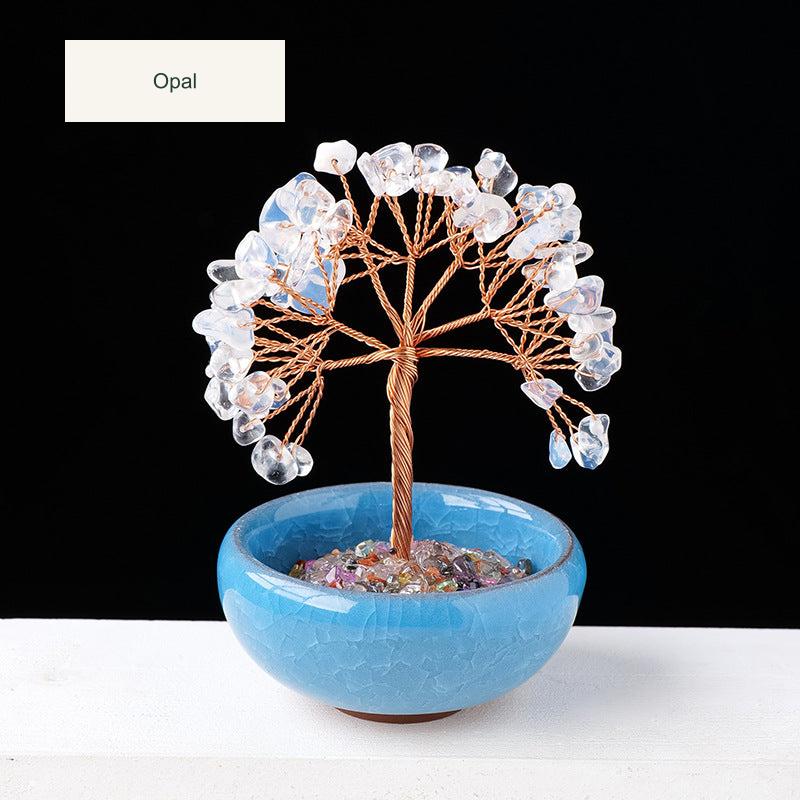 Original teacup or mini glass-bowl tree photograph; Chinese captions translated equivalently into English; real stones, fillers, bowl colors and dimensions retained