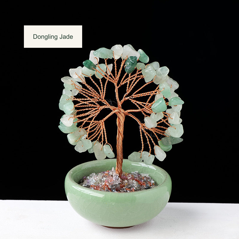 Original teacup or mini glass-bowl tree photograph; Chinese captions translated equivalently into English; real stones, fillers, bowl colors and dimensions retained
